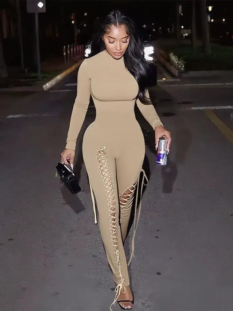 Sexy Fall Jumpsuits Women Diy Shirring O-Neck Full Sleeve Midnight Party Club Stretch Activity Fitness Slim Overalls - Dazzling Beauty Solution