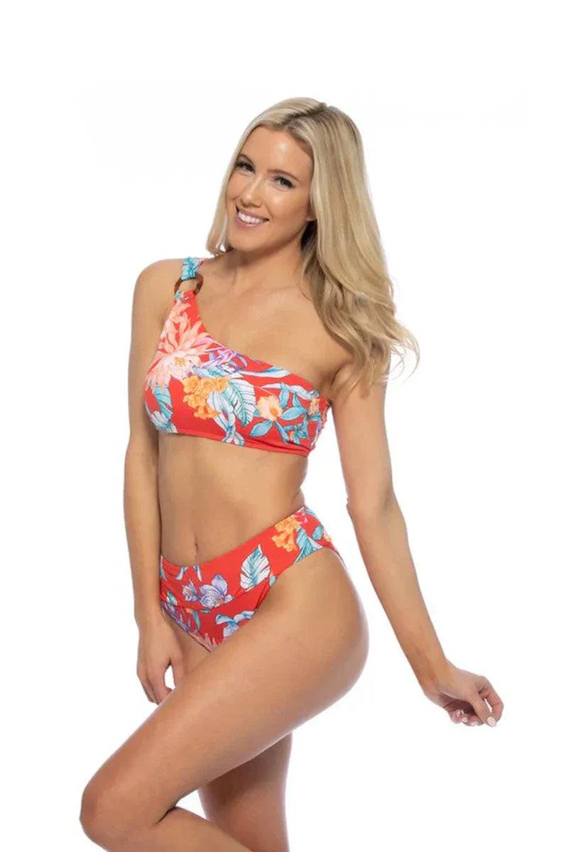 RED TROPICAL RING ACCENT ONE SHOULDER BIKINI SET - Dazzling Beauty Solution