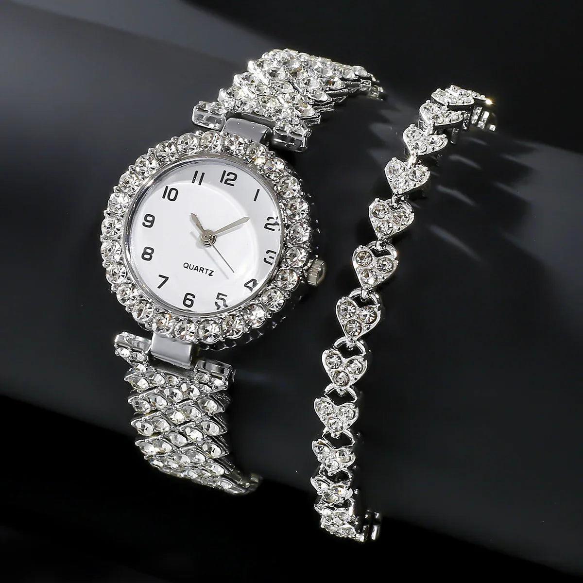 Fashion Jewelry 2pcs Luxury Fashion Women Watch Set Silver Strap Ladies Quartz Wristwatch Alloy Bracelet For Ladies Jewelry Set Clock Gift - Dazzling Beauty Solution