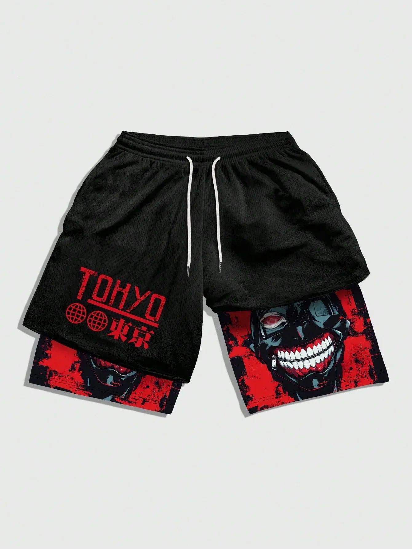 ROMWE MEN Anime Men'S Simple Figure Graphic Drawstring Waist Basketball Shorts, School - Dazzling Beauty Solution