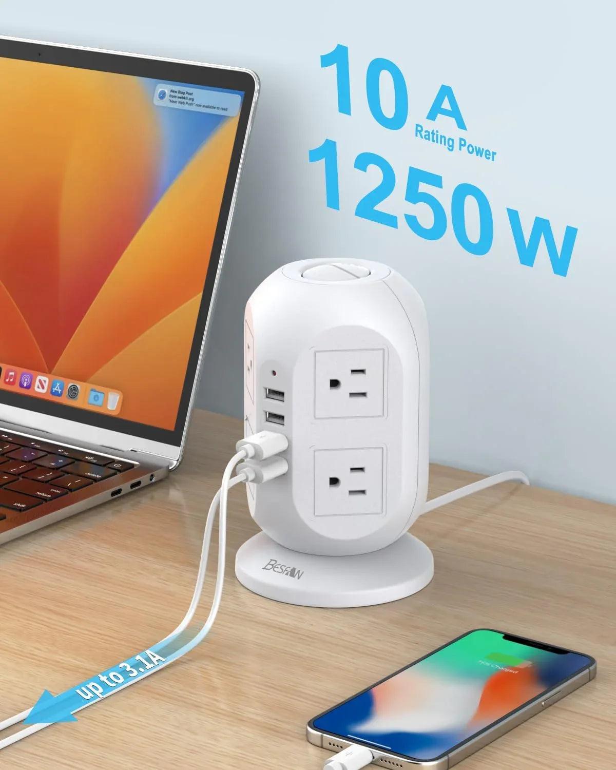 12-in-1 Power Strip Tower with USB Ports – 10FT Extension Cord, Surge Protector & Space-Saving Design - Dazzling Beauty Solution