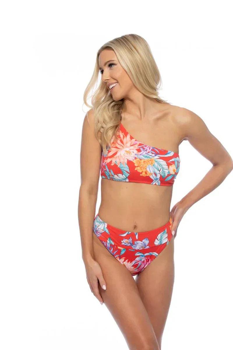 RED TROPICAL RING ACCENT ONE SHOULDER BIKINI SET - Dazzling Beauty Solution