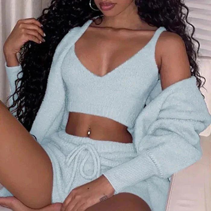 3pcs Women’s Pajama Set – Crop Top & Drawstring Shorts Loungewear - Dazzling Beauty Solution