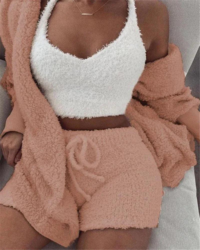 3pcs Women’s Pajama Set – Crop Top & Drawstring Shorts Loungewear - Dazzling Beauty Solution