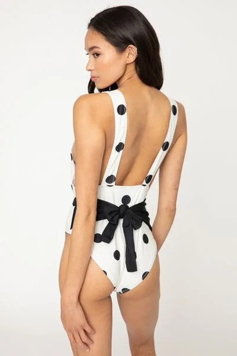 Marina West Polka Dot One-Piece Swimsuit – Beachy Keen Tied Plunge - Dazzling Beauty Solution