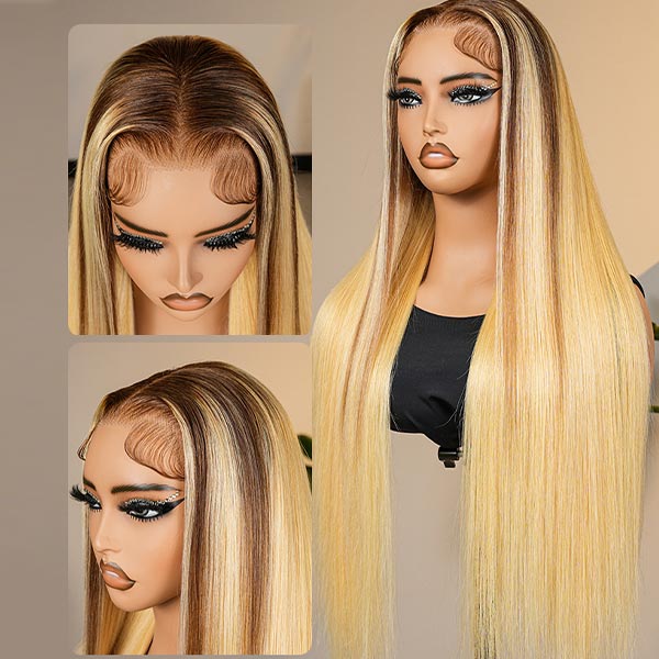 Honey Blonde Ombre Wig Super Invisible Lace Wig Straight Human Hair With Dark Roots