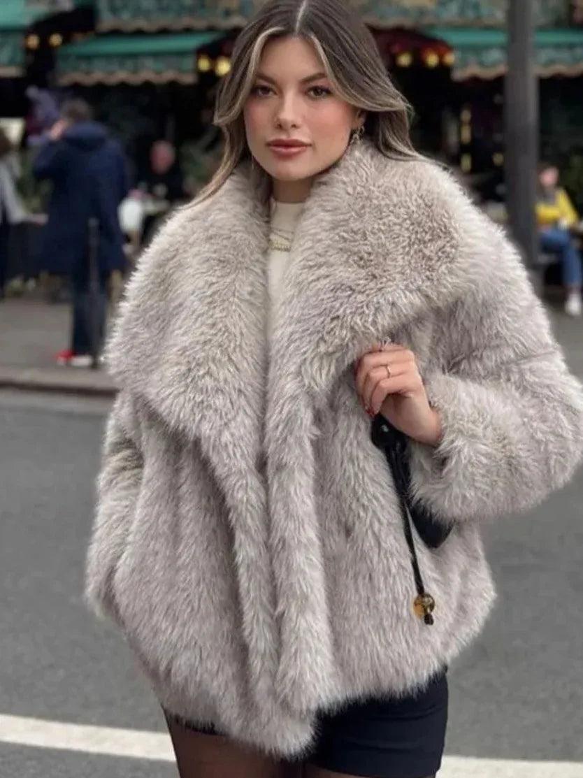 Winter Plush Coat Fashion Warm Thicken Fluffy Lapel Jacket Outwear Casual Long Sleeve Tops Womens Clothing - Dazzling Beauty Solution
