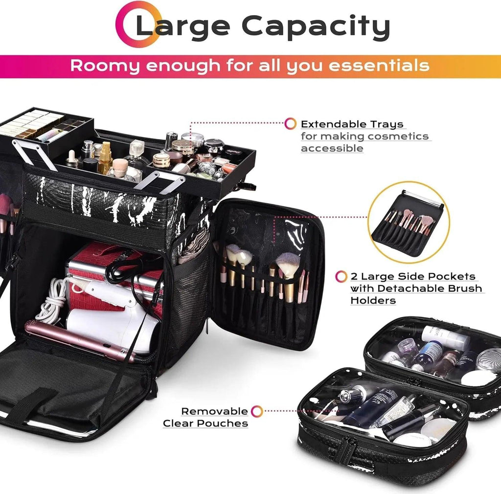 Byootique Rolling Makeup Train Case – Crocodile Leather Texture (Black & White) - Dazzling Beauty Solution