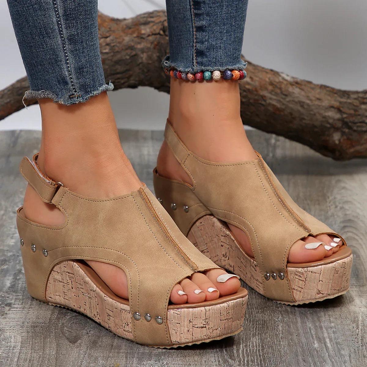 Women's Wedge Peep Toe Platform Rivet Sandals - Dazzling Beauty Solution