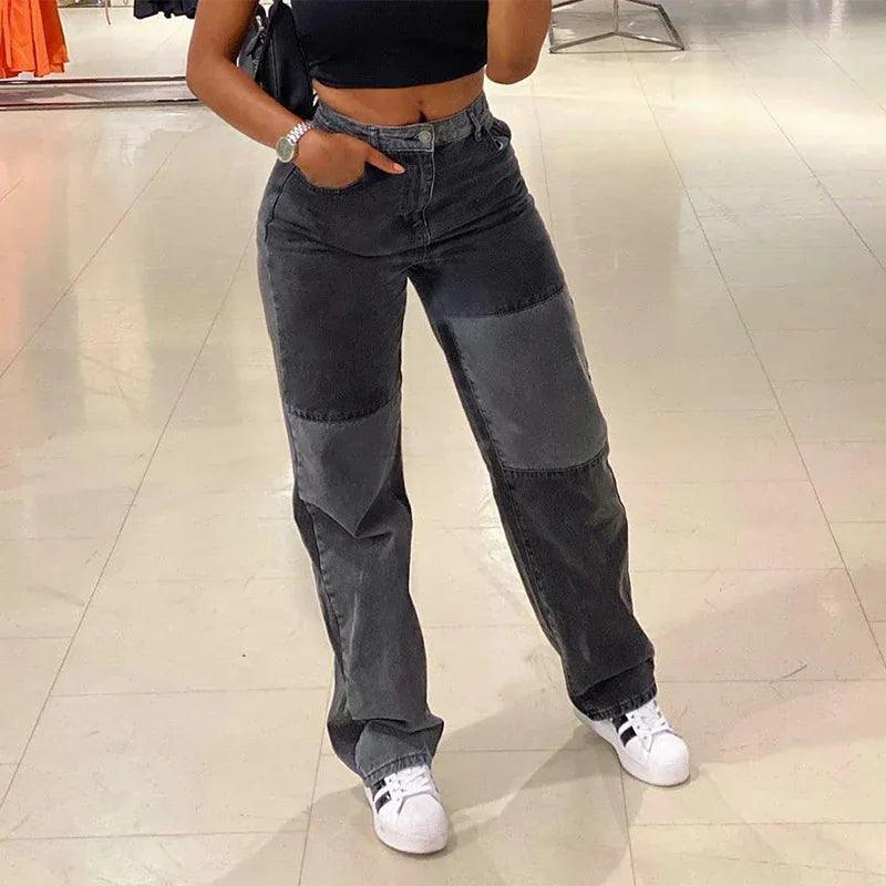 Women’s Gray & Black Contrast Stitching Jeans – Hip-Hop Street Style Denim - Dazzling Beauty Solution