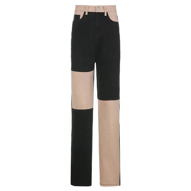 Women’s Gray & Black Contrast Stitching Jeans – Hip-Hop Street Style Denim - Dazzling Beauty Solution