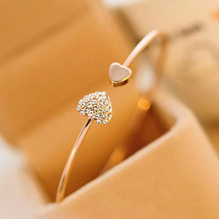 Korean Version Of Jewelry Full Diamond Heart-Shaped Love Bracelet Open Bracelet European And American Cross-Border Foreign Trade Explosion Double Peach Heart Bracelet - Dazzling Beauty Solution