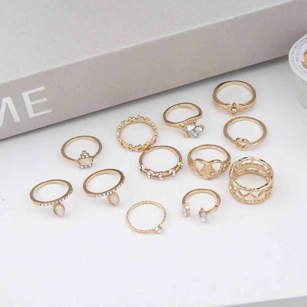 Vintage Lotus & Snake Diamond Ring Set – 8-Piece Stackable Set - Dazzling Beauty Solution