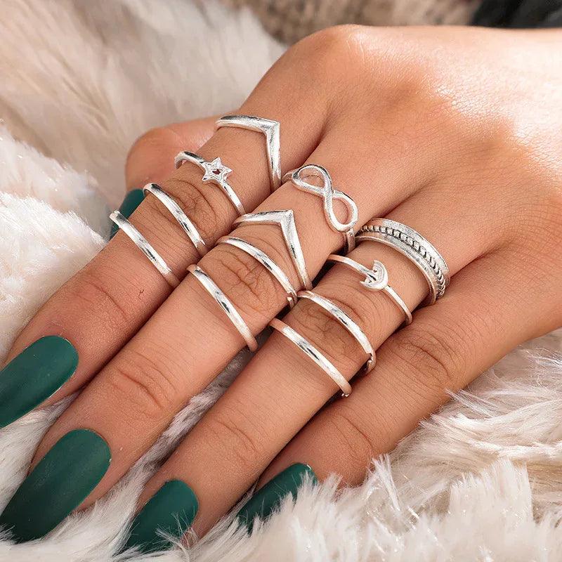 Vintage Lotus & Snake Diamond Ring Set – 8-Piece Stackable Set - Dazzling Beauty Solution