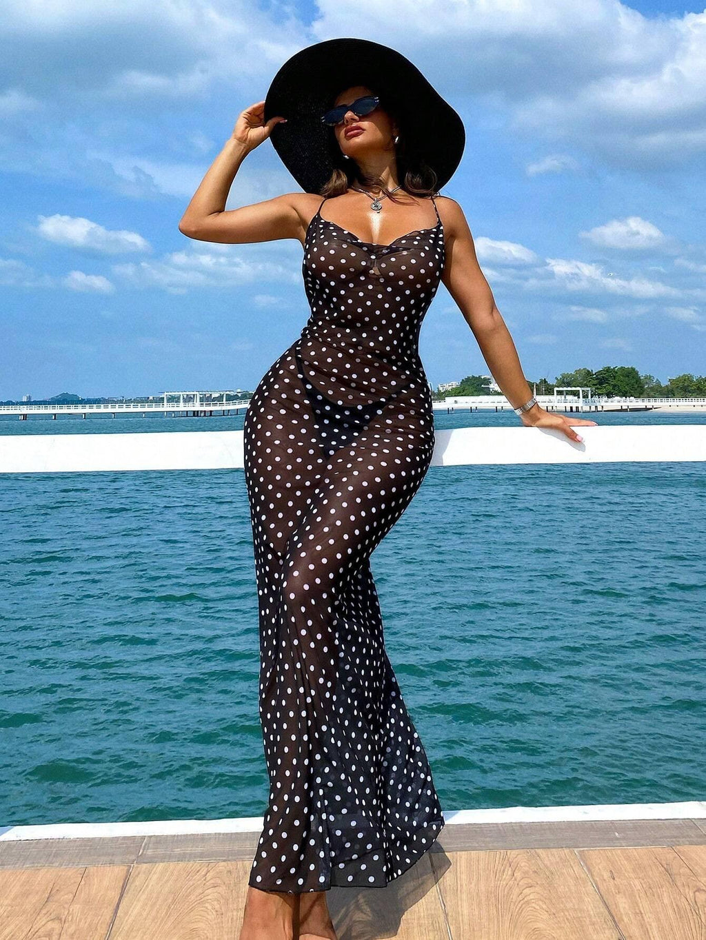 Swim Vcay Women’s Polka Dot Sheer Maxi Cover-Up Dress – Spaghetti Strap Beachwear - Dazzling Beauty Solution