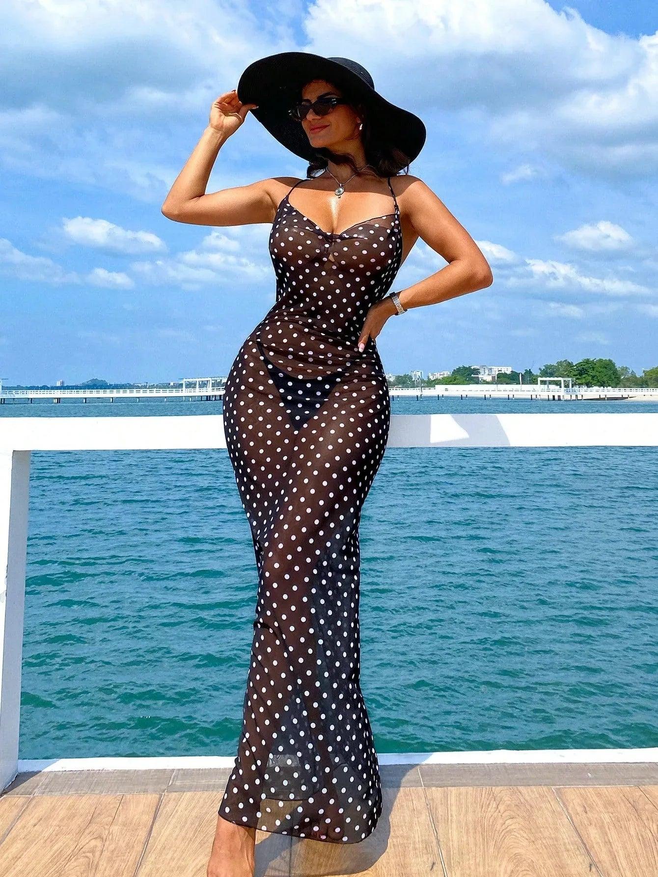 Swim Vcay Women’s Polka Dot Sheer Maxi Cover-Up Dress – Spaghetti Strap Beachwear - Dazzling Beauty Solution