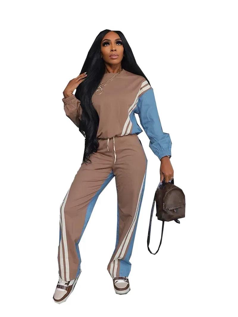 Elevate Your Fall Wardrobe with Our Stylish Women's Color Block Stripe Sweatsuit Set - Dazzling Beauty Solution