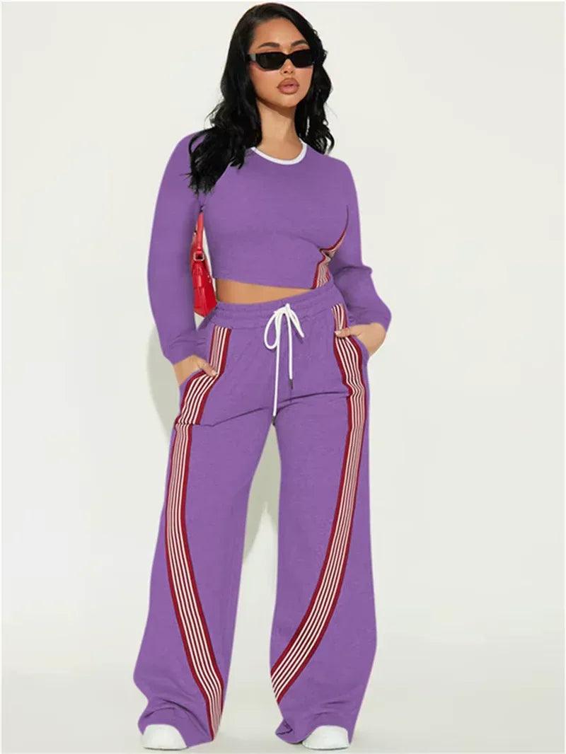 Stylish Contrast Stripe 2-Piece Women's Set: O-Neck Full Sleeve Crop Top & Drawstring Long Pants for Casual Sports Vibes! - Dazzling Beauty Solution