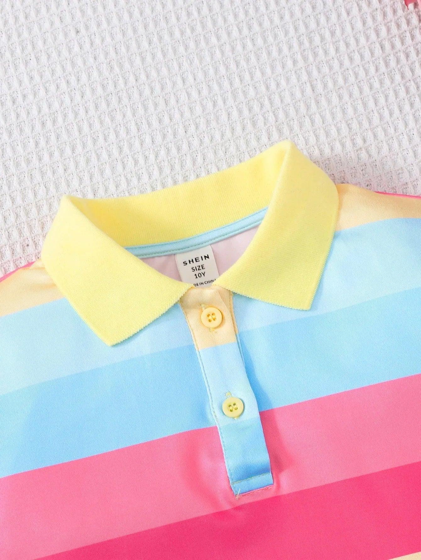 Tween Girls Striped Color-Block Polo Collar Knit Dress Casual Fitted Style - Dazzling Beauty Solution