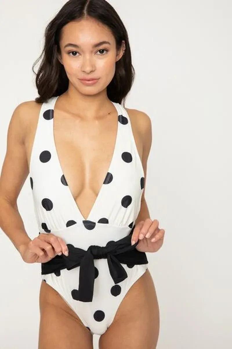 Marina West Polka Dot One-Piece Swimsuit – Beachy Keen Tied Plunge - Dazzling Beauty Solution