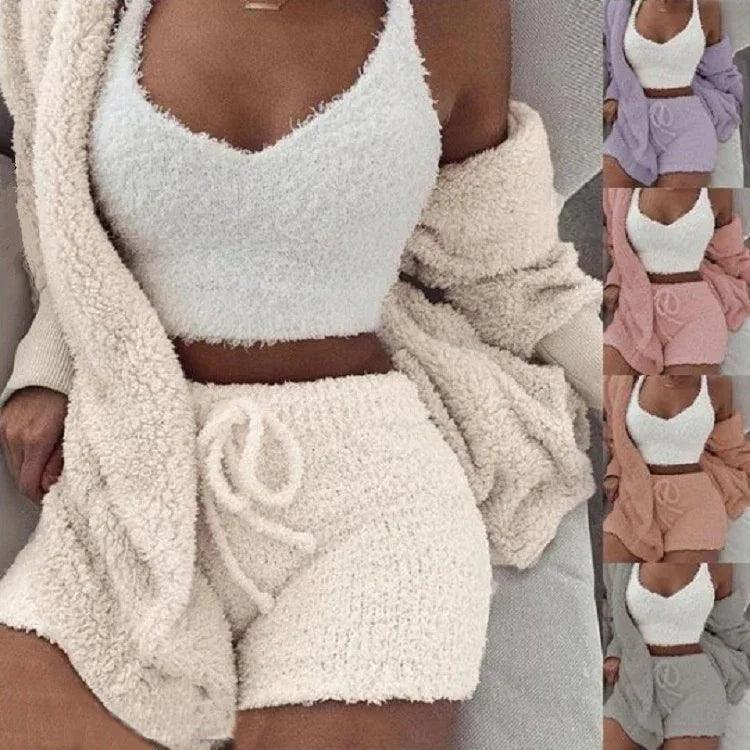 3pcs Women’s Pajama Set – Crop Top & Drawstring Shorts Loungewear - Dazzling Beauty Solution