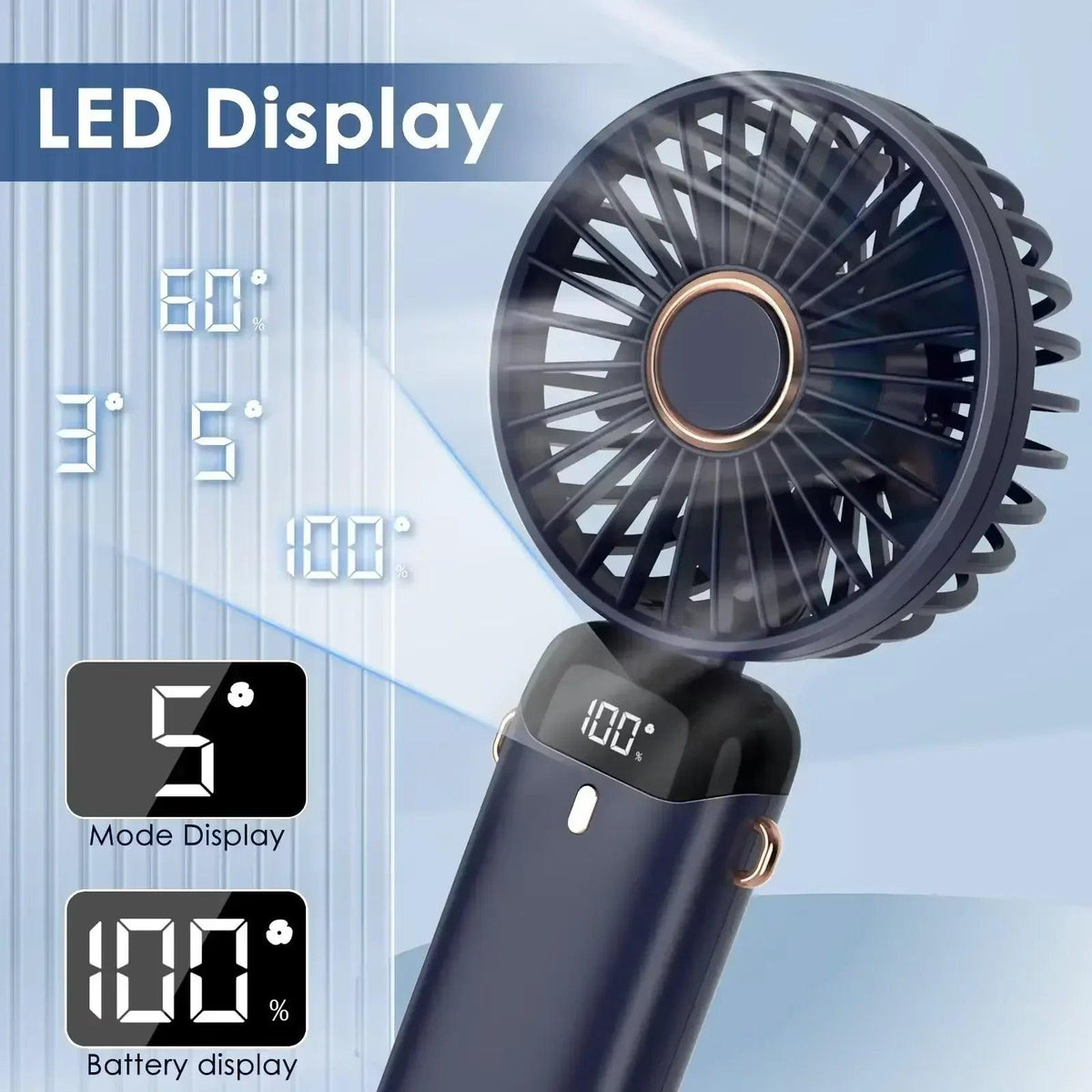 5000Mah Portable Fan Rechargeable 90° Foldable 5 Speed Mini Air Conditioner Small Fan Air Cooler with LED Digital Display - Dazzling Beauty Solution