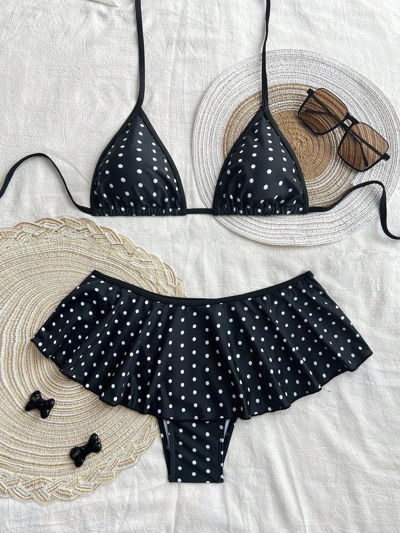 Swim Chiccia Women’s 2-Piece Polka Dot Bikini – Spaghetti Strap Top & Ruffled Contrast Bottoms - Dazzling Beauty Solution
