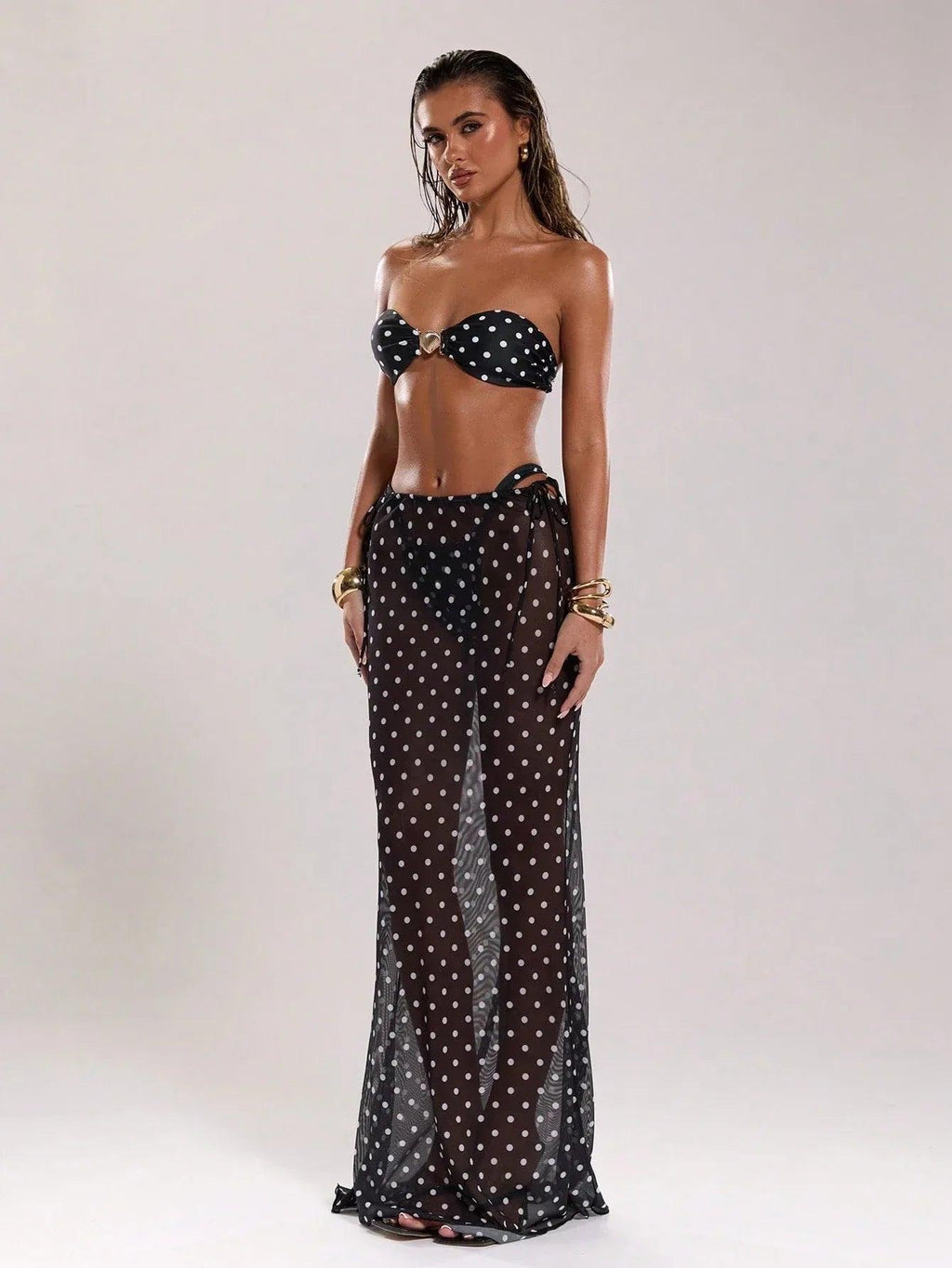 BAE Women’s New Arrival Black & White Polka Dot Low Waist Drawstring Resort Swimwear - Dazzling Beauty Solution