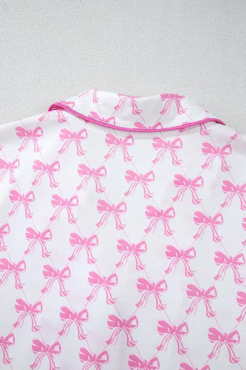 Bowknot Shirt and Ruffle Hem Shorts Pajama Set - Dazzling Beauty Solution