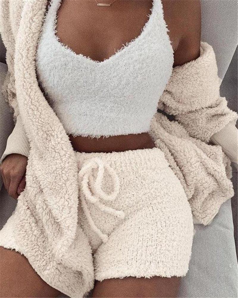 3pcs Women’s Pajama Set – Crop Top & Drawstring Shorts Loungewear - Dazzling Beauty Solution