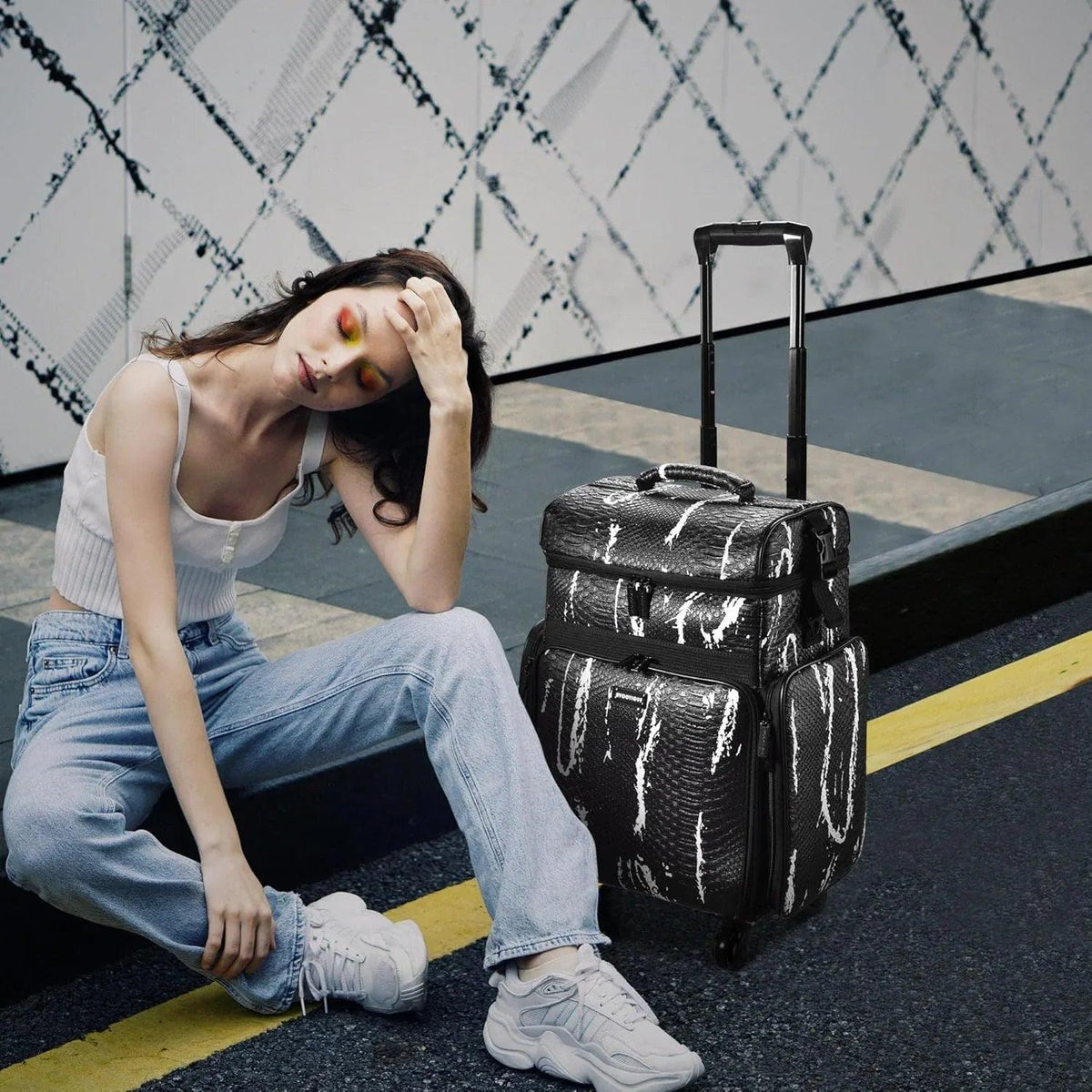 Byootique Rolling Makeup Train Case – Crocodile Leather Texture (Black & White) - Dazzling Beauty Solution