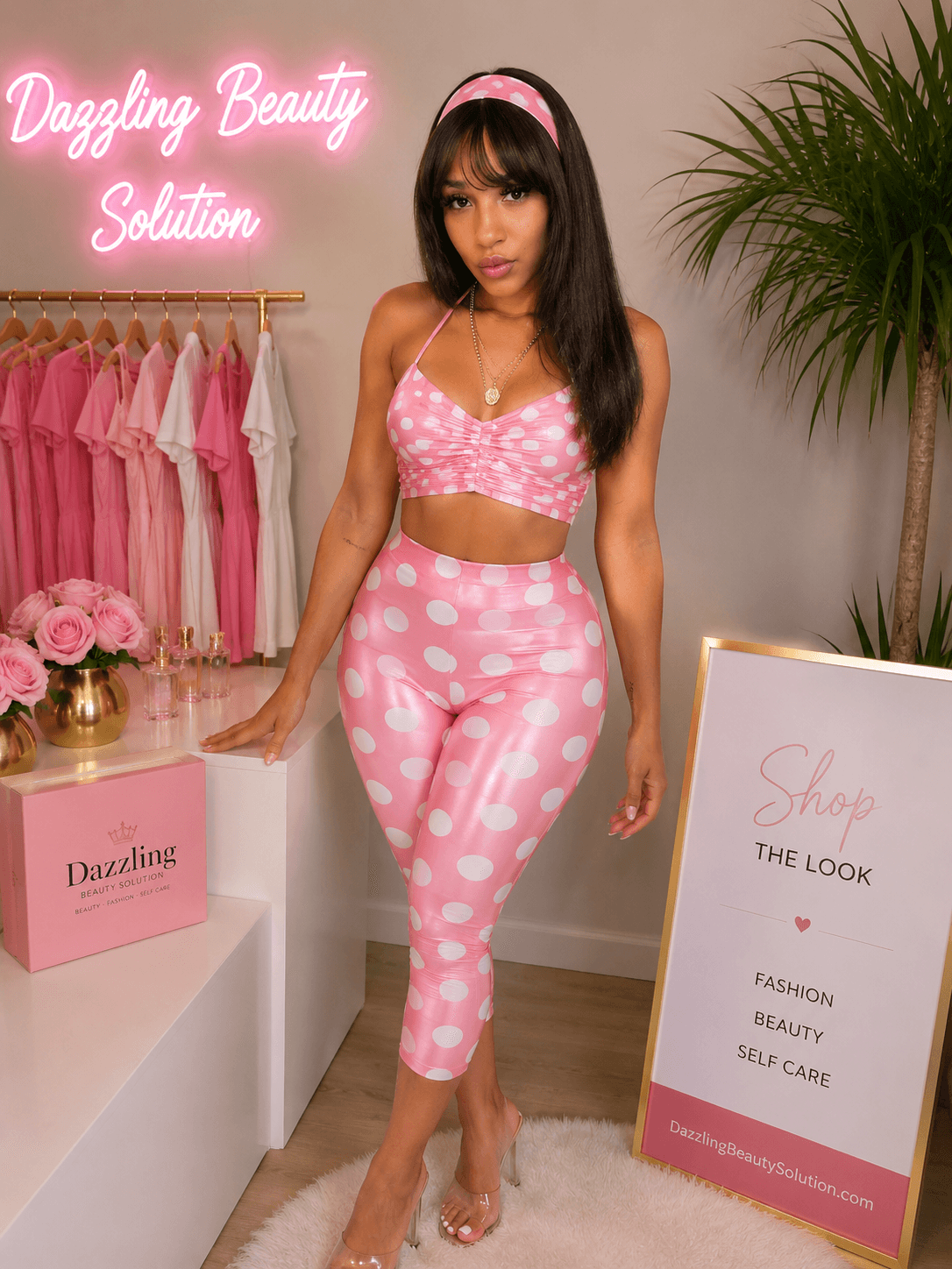 Women's Sexy Pink Polka Dot 3-Piece Set – Halter Crop Top, Capri Pants & Headband