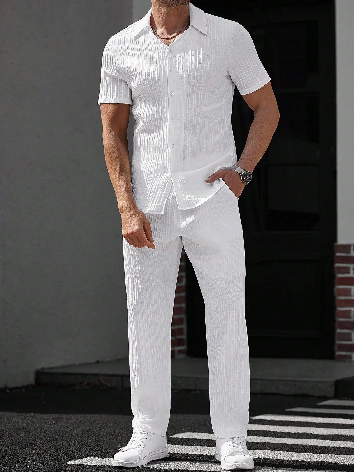 Manfinity Casualcool Men'S Solid Color Short Sleeve Single-Breasted Shirt and Pants Casual Suit White Men'S Outfit Men'S White Outfits Men'S 2 Pieces Outfits White - Dazzling Beauty Solution