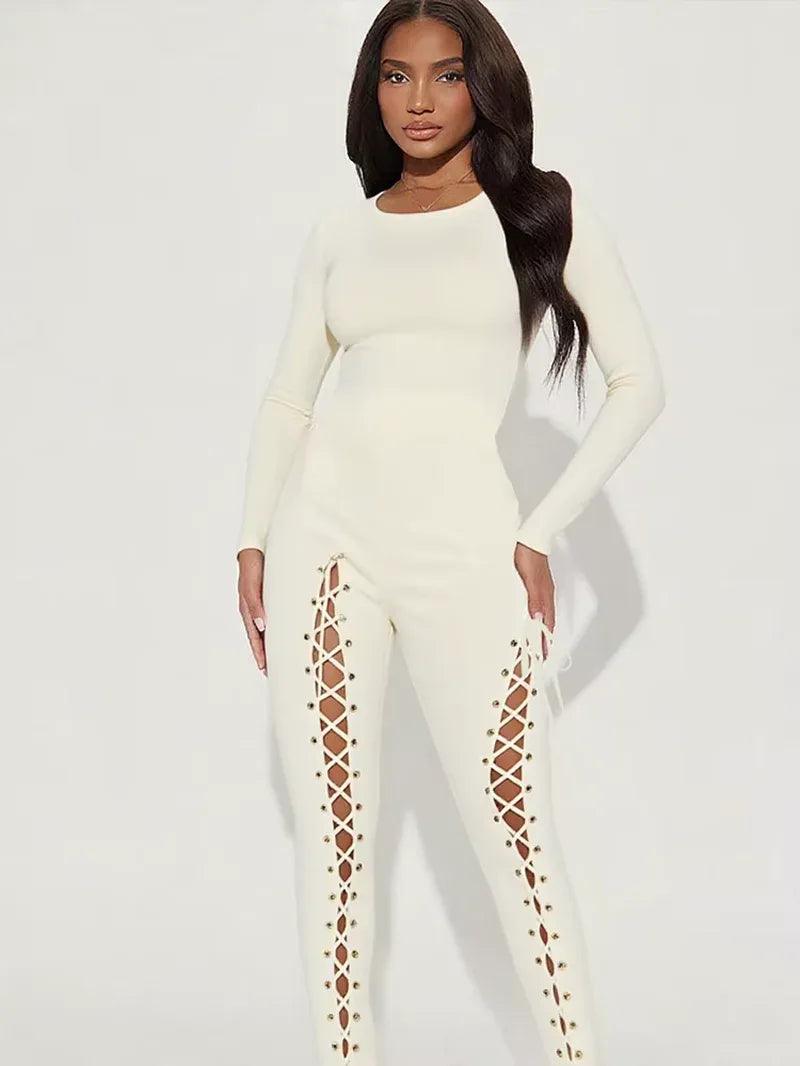 Sexy Fall Jumpsuits Women Diy Shirring O-Neck Full Sleeve Midnight Party Club Stretch Activity Fitness Slim Overalls - Dazzling Beauty Solution