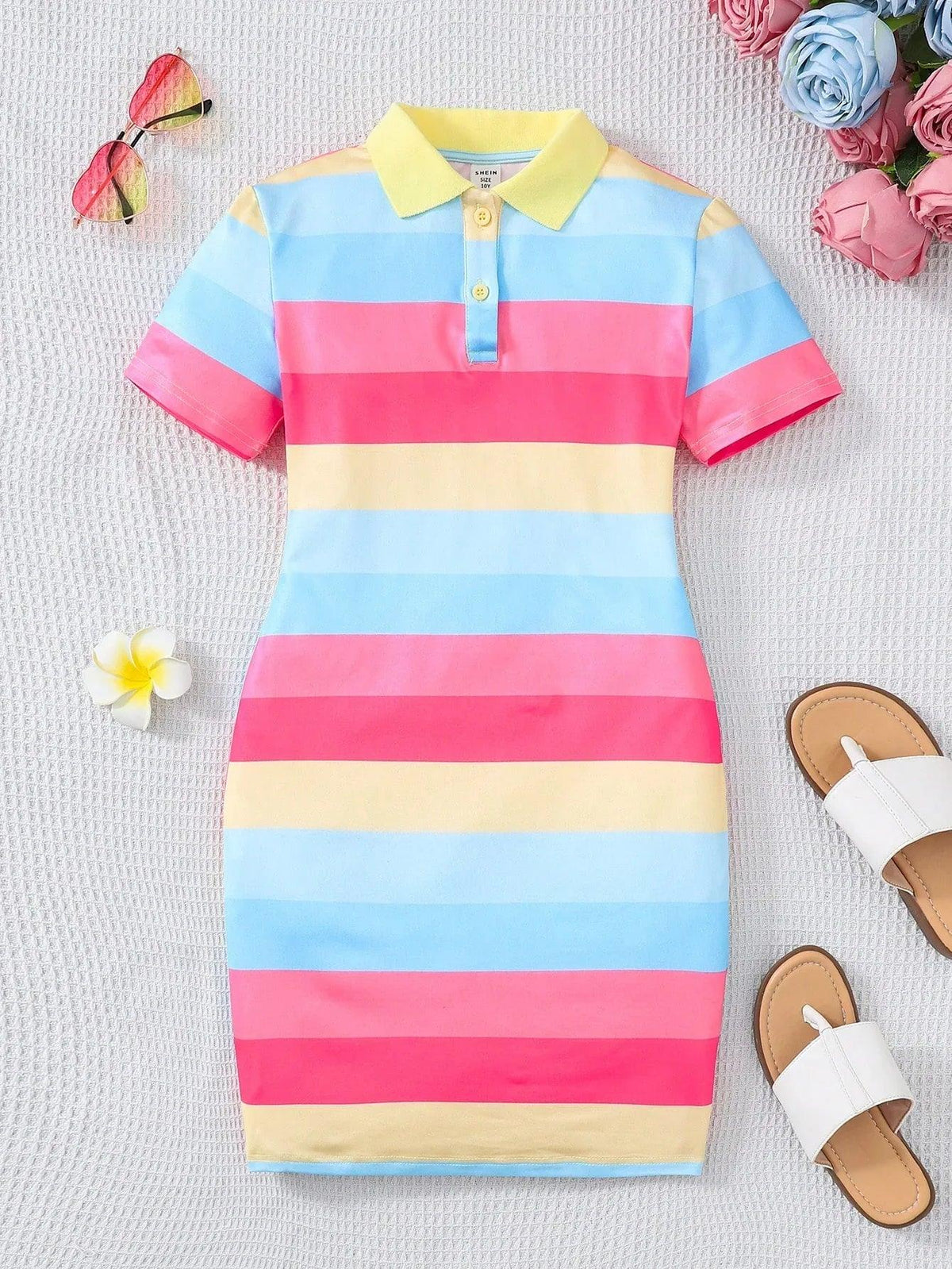 Tween Girls Striped Color-Block Polo Collar Knit Dress Casual Fitted Style - Dazzling Beauty Solution