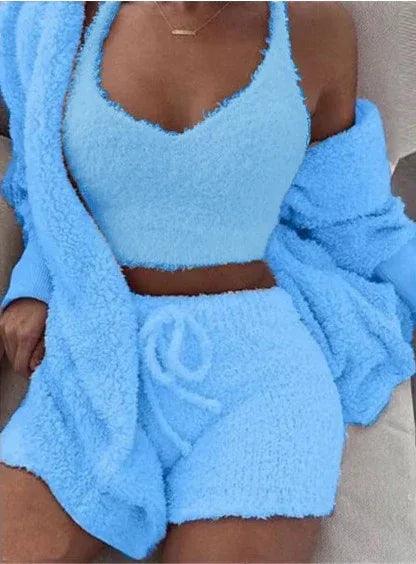 3pcs Women’s Pajama Set – Crop Top & Drawstring Shorts Loungewear - Dazzling Beauty Solution