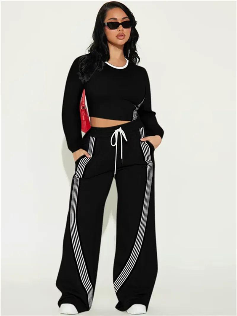 Stylish Contrast Stripe 2-Piece Women's Set: O-Neck Full Sleeve Crop Top & Drawstring Long Pants for Casual Sports Vibes! - Dazzling Beauty Solution