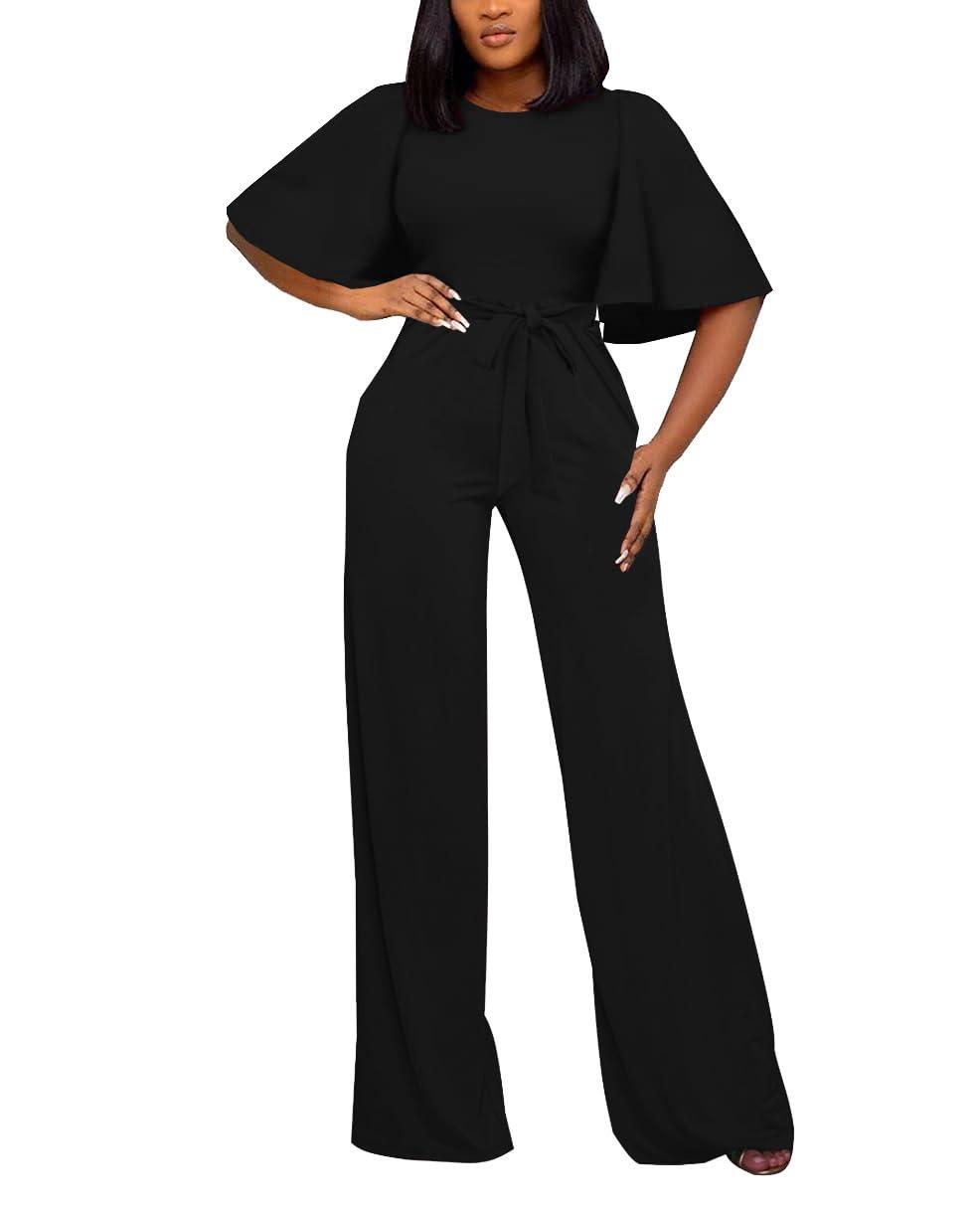 Women's Loose Short Sleeve Belted Wide Leg Jumpsuit – Casual Business One Piece