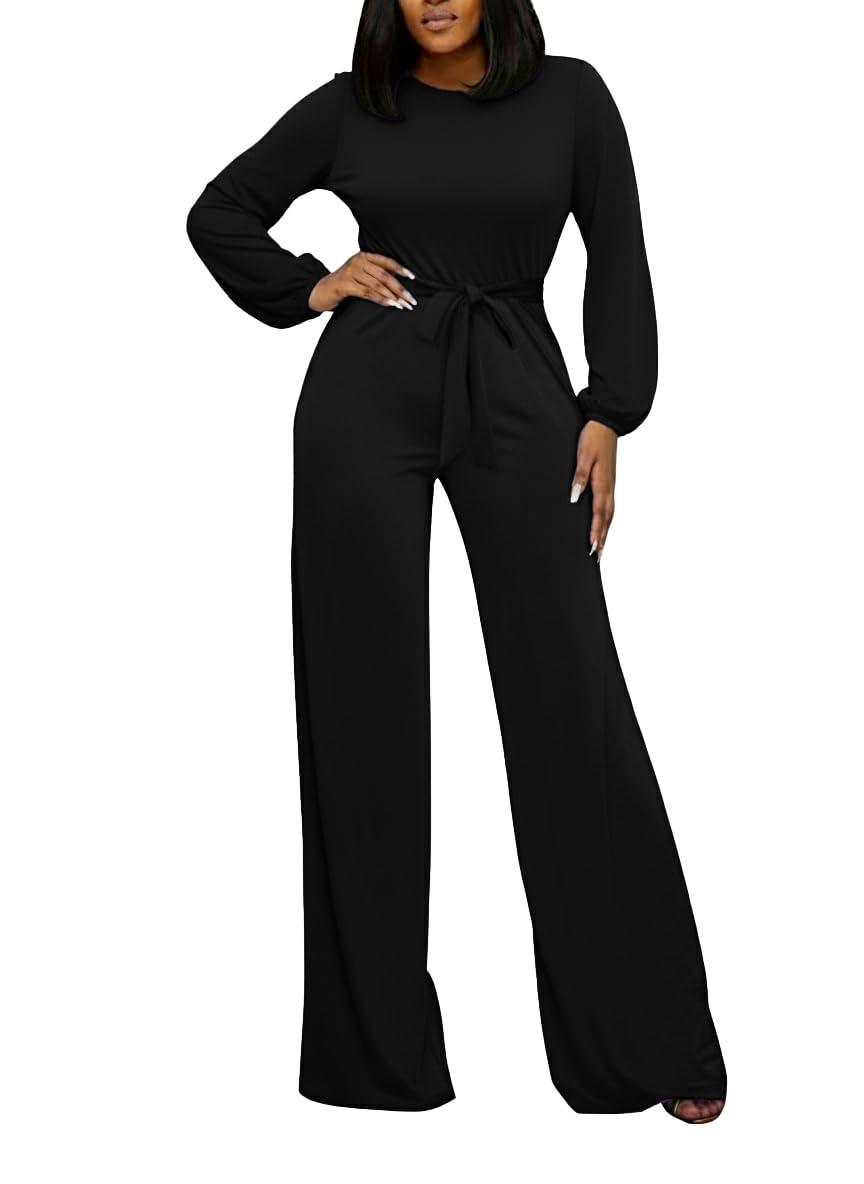 Women's Loose Short Sleeve Belted Wide Leg Jumpsuit – Casual Business One Piece