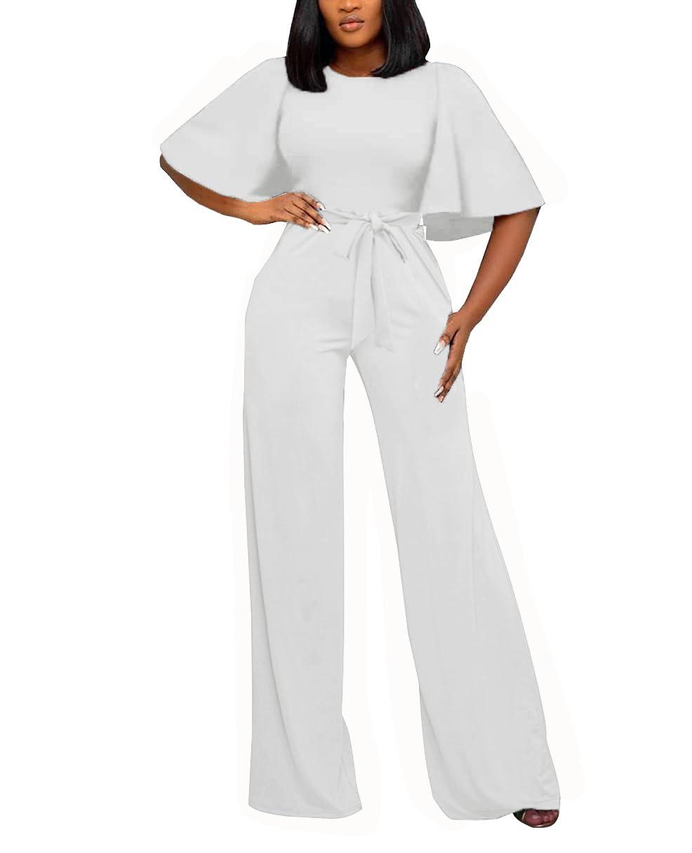 Women's Loose Short Sleeve Belted Wide Leg Jumpsuit – Casual Business One Piece