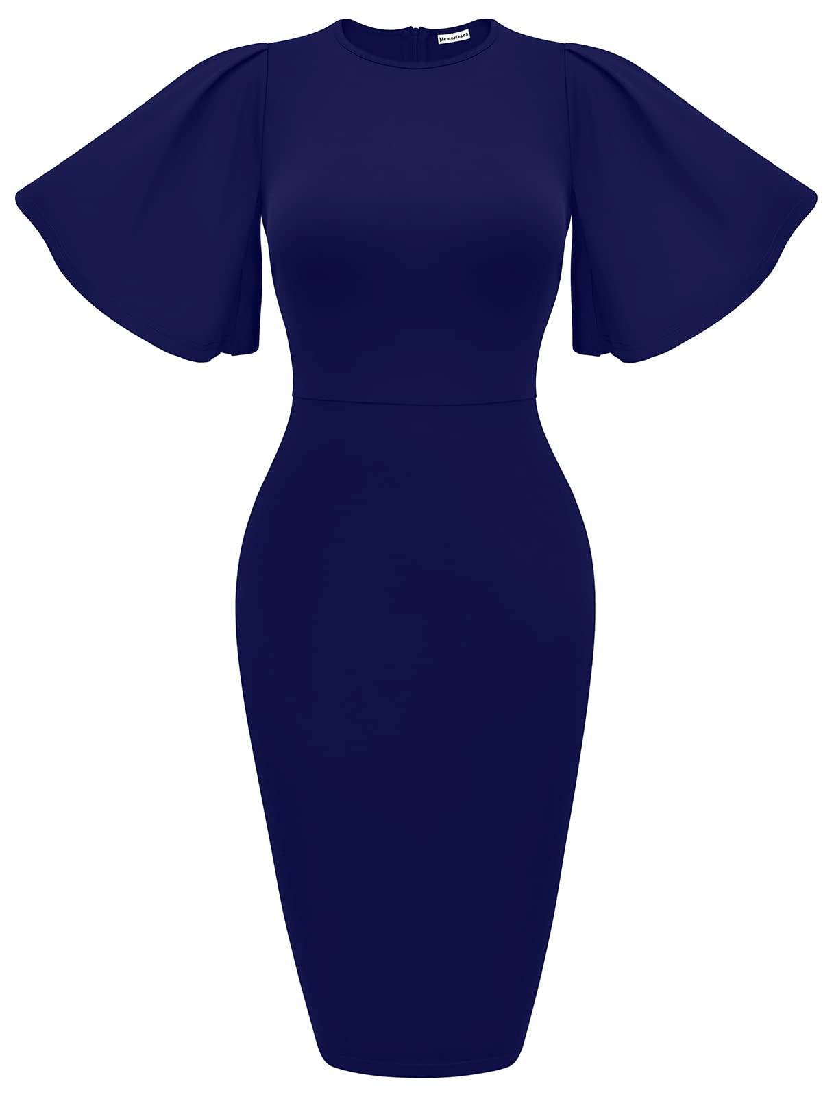 Women's Ruffle Sleeve Bodycon Midi Dress – Short Sleeve Pencil Dress