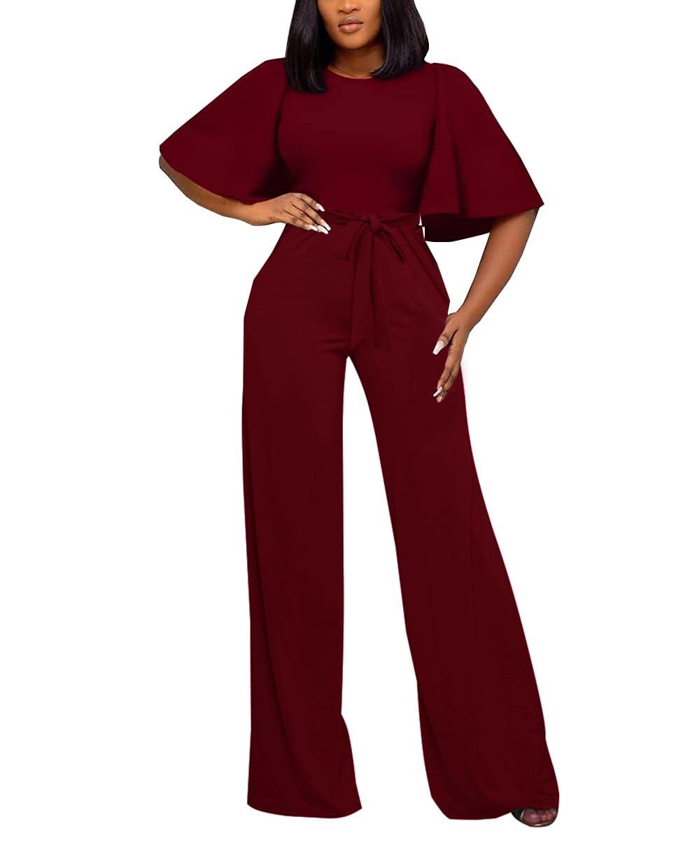 Women's Loose Short Sleeve Belted Wide Leg Jumpsuit – Casual Business One Piece