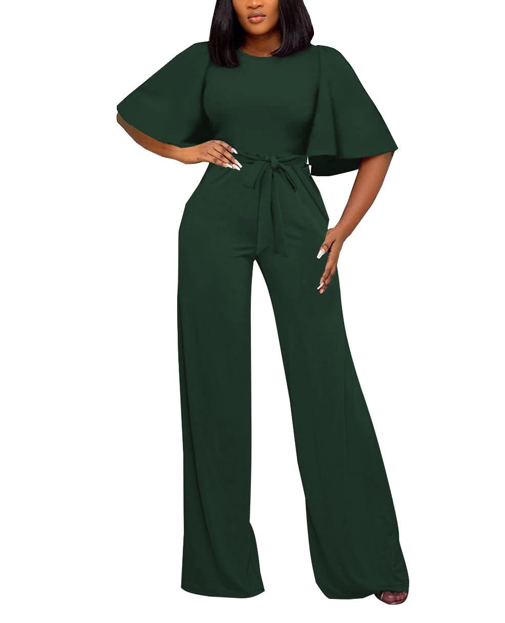 Women's Loose Short Sleeve Belted Wide Leg Jumpsuit – Casual Business One Piece