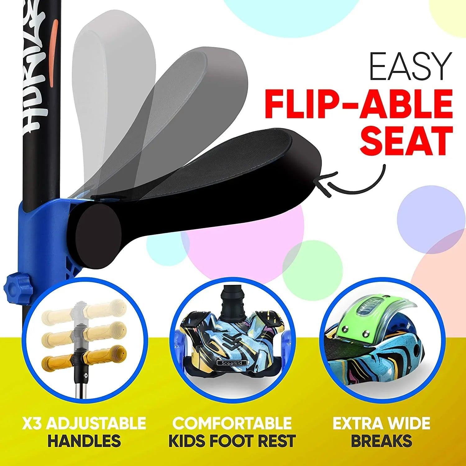 3-Wheeled Scooter for Kids - Wheel LED Lights, Adjustable Lean-To-Steer Handlebar, and Foldable Seat - Sit or Stand Ride with Brake for Boys and Girls Ages 1-14 Years Old - Dazzling Beauty Solution
