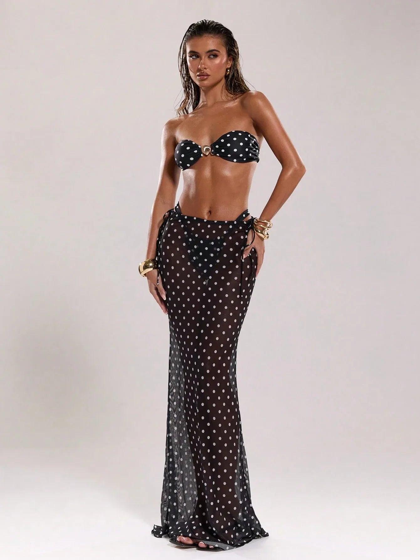 BAE Women’s New Arrival Black & White Polka Dot Low Waist Drawstring Resort Swimwear - Dazzling Beauty Solution