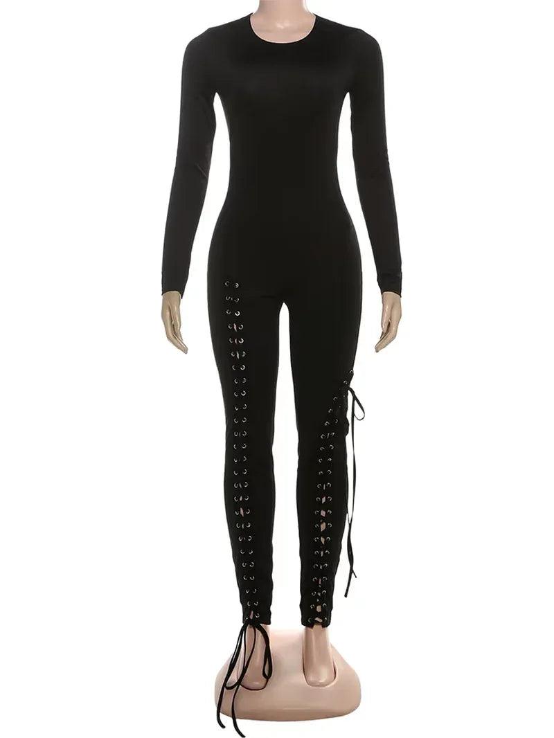 Sexy Fall Jumpsuits Women Diy Shirring O-Neck Full Sleeve Midnight Party Club Stretch Activity Fitness Slim Overalls - Dazzling Beauty Solution
