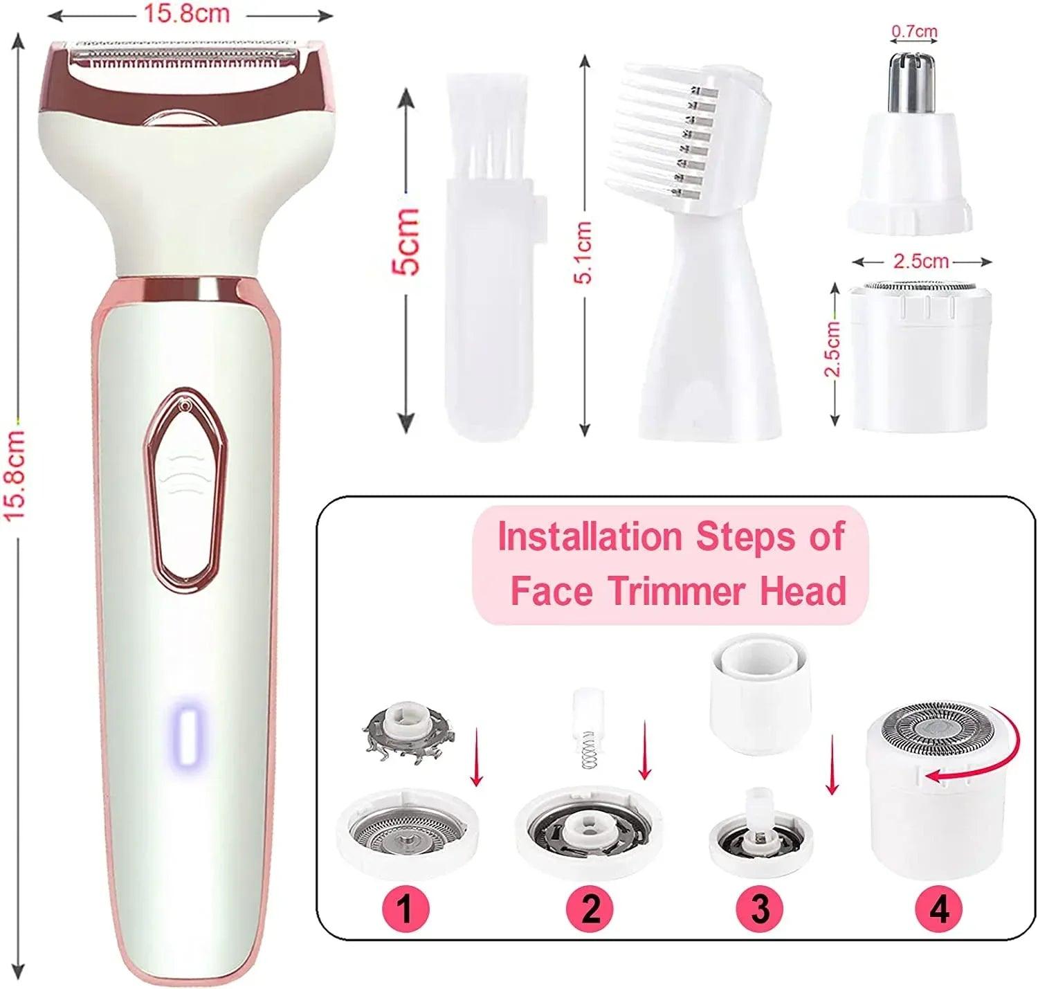 4-in-1 Electric Hair Removal Kit for Women – Bikini, Eyebrow, Nose & Facial Trimmer Set - Dazzling Beauty Solution