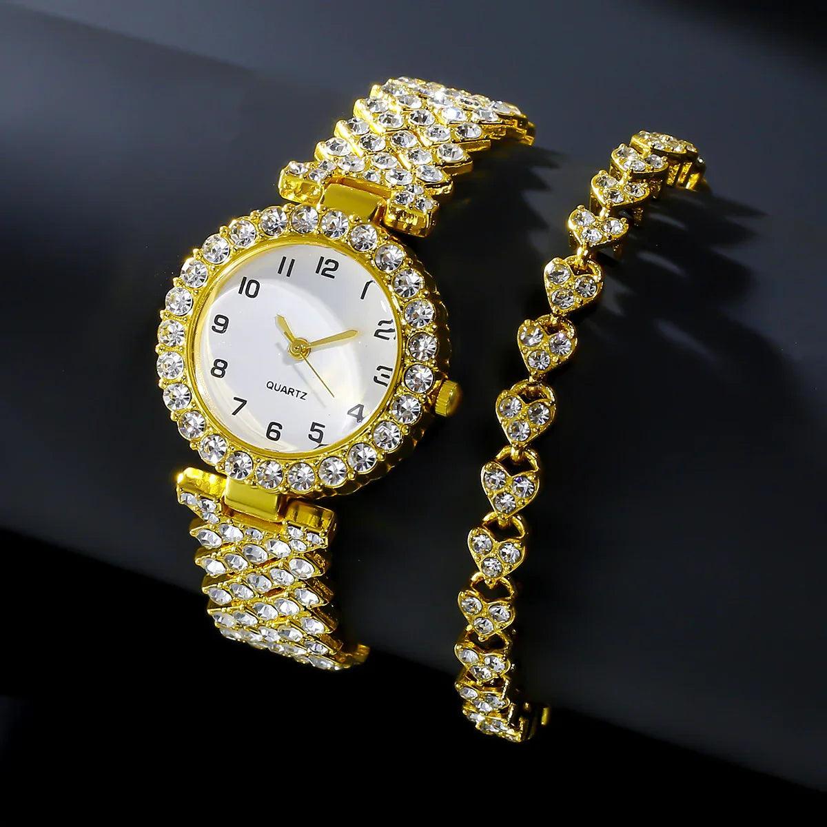 Fashion Jewelry 2pcs Luxury Fashion Women Watch Set Silver Strap Ladies Quartz Wristwatch Alloy Bracelet For Ladies Jewelry Set Clock Gift - Dazzling Beauty Solution