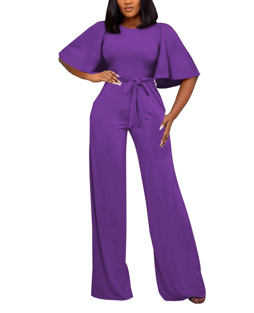 Women's Loose Short Sleeve Belted Wide Leg Jumpsuit – Casual Business One Piece