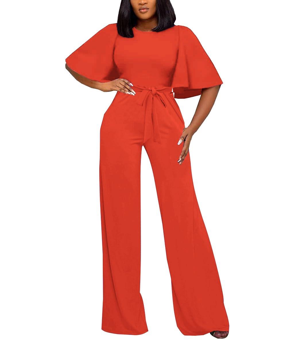 Women's Loose Short Sleeve Belted Wide Leg Jumpsuit – Casual Business One Piece